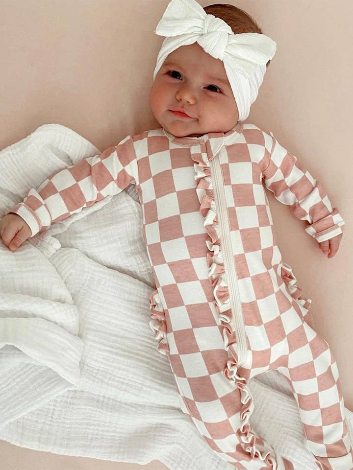 SIIX Collection - Wholesale Bodysuit (Footed) - Baby - Strawberry Shortcake Checkerboard / Organic Frill Zip Footie