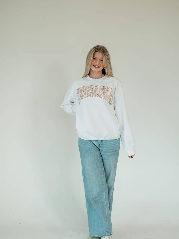 DAINTY FLORAL/PINK NEBRASKA APPLIQUE - WHITE SWEATSHIRT for wholesale by h.flynn