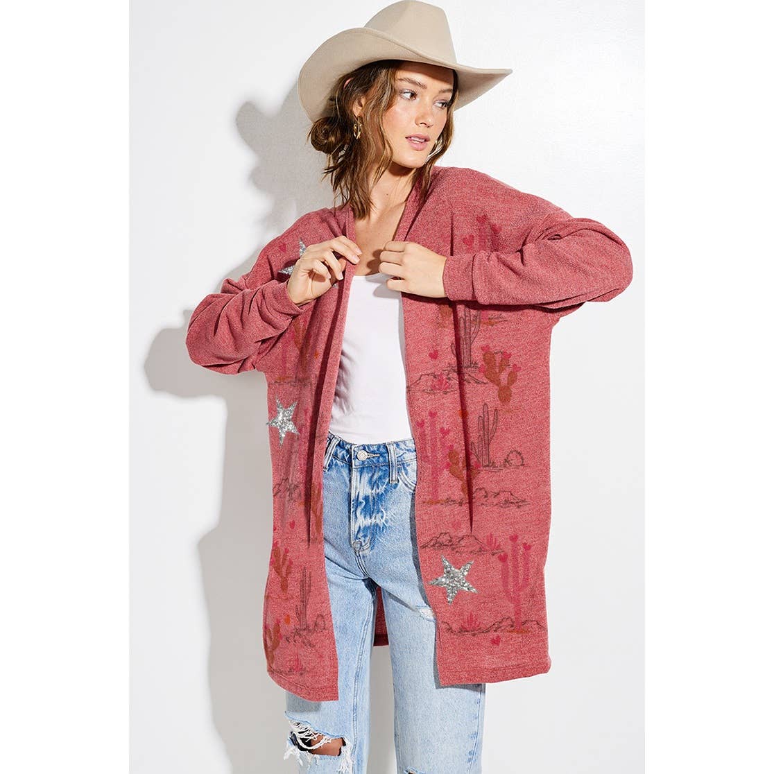 Phil Love – Großhandel Strickjacke – Damen – Wüstenkaktus Stern Glitzerprint Strickjacke17