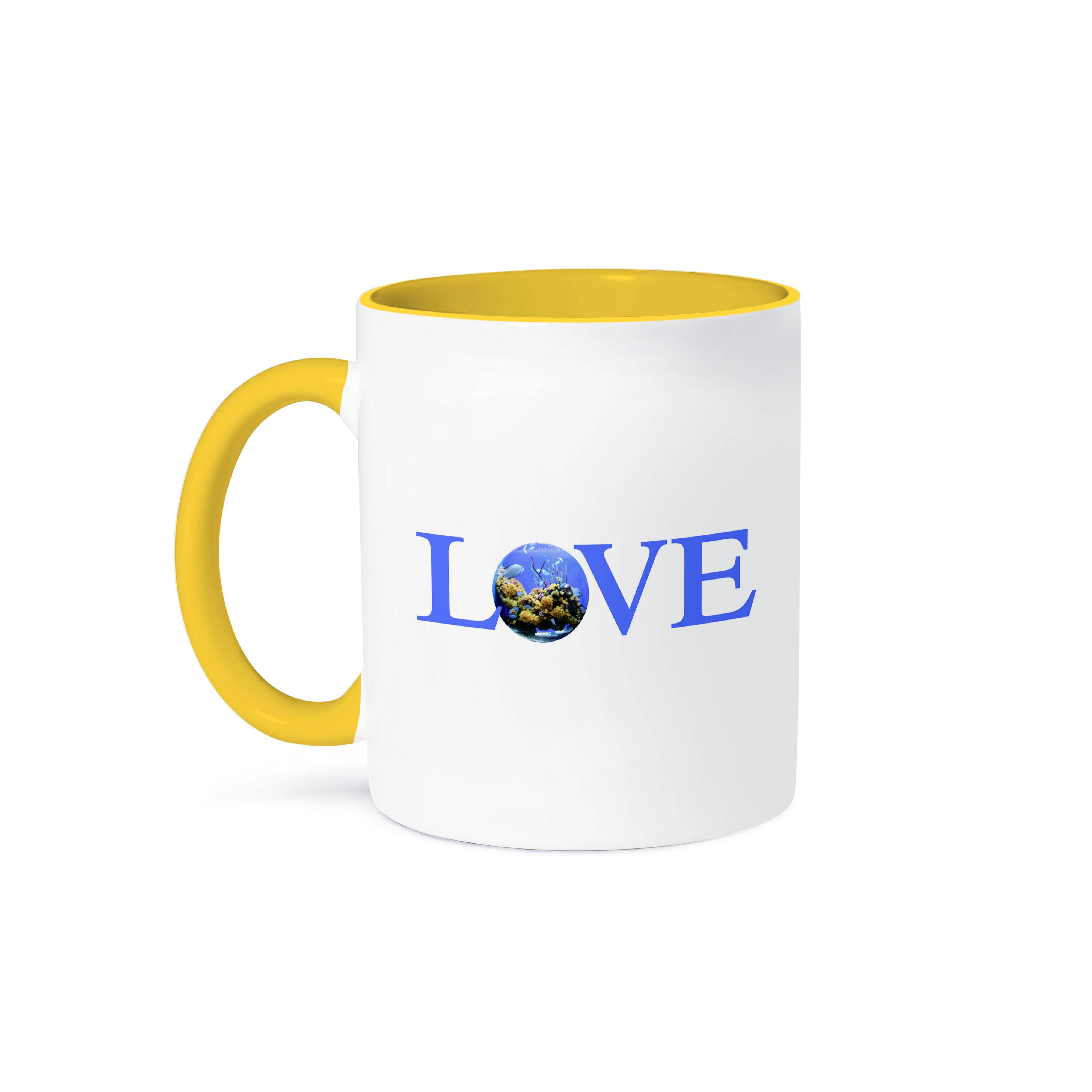 3dRose - Wholesale Coffee Mug - 3dRose, Love Fish - text with fish bowl for O blue aquarium with yellow coral, Mug0