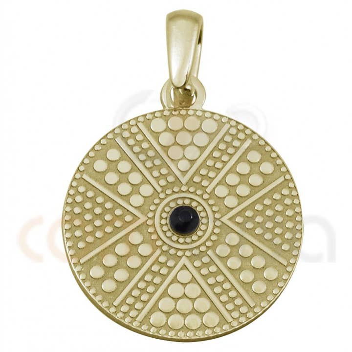 COM FORSA SL - Wholesale Individual Charm/Pendant - Sterling Silver 925 Round Ethnic Pendant With Jet Strass 16M