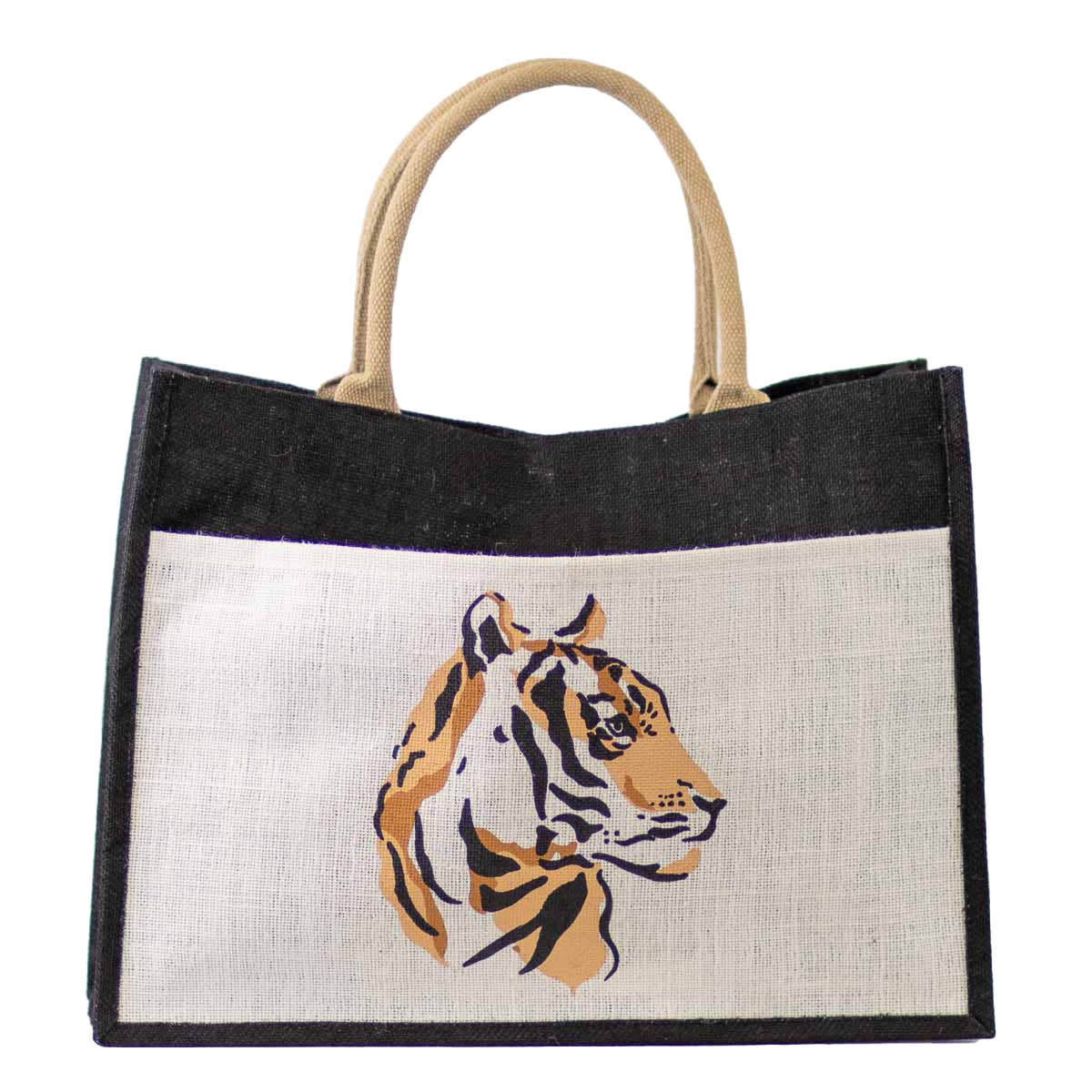 The Royal Standard - Wholesale Tote Bag - Women's - Tiger Jute Pocket Tote   White/Black/Orange  19x14x7.50