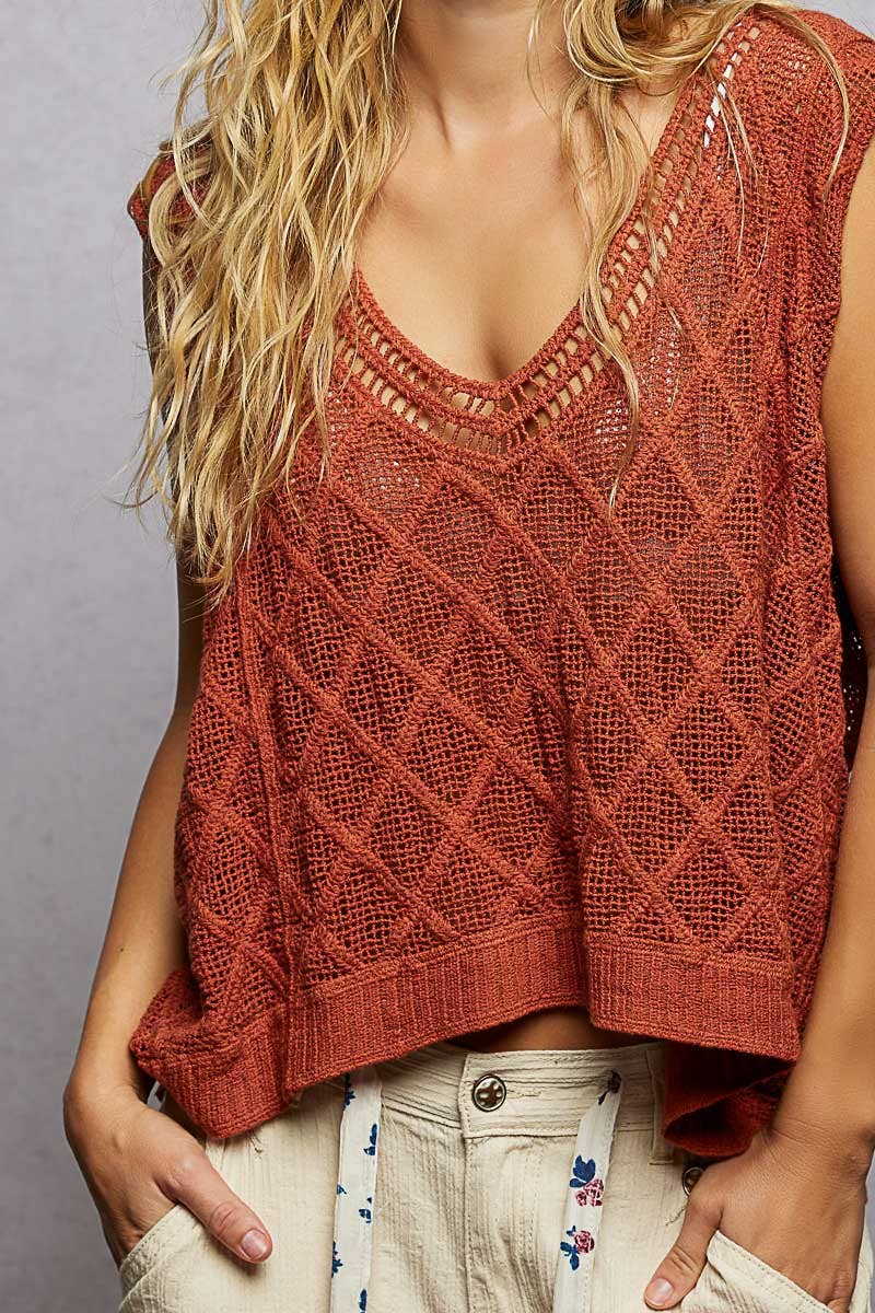 Pol Clothing - Wholesale Knit Top - Women's - V-neck Diamond Weave Crochet Sleeveless Knit Top 15
