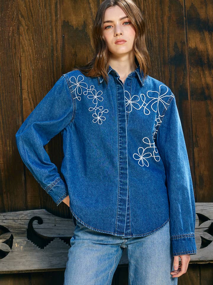 Denim Shacket with Embroidery - RT1127 for wholesale on Faire