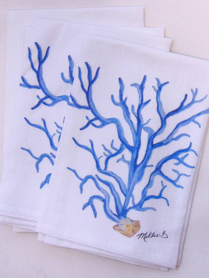 Limited Edition Blue Coral Flour Sack Napkins for wholesale by Lowcountry Linens