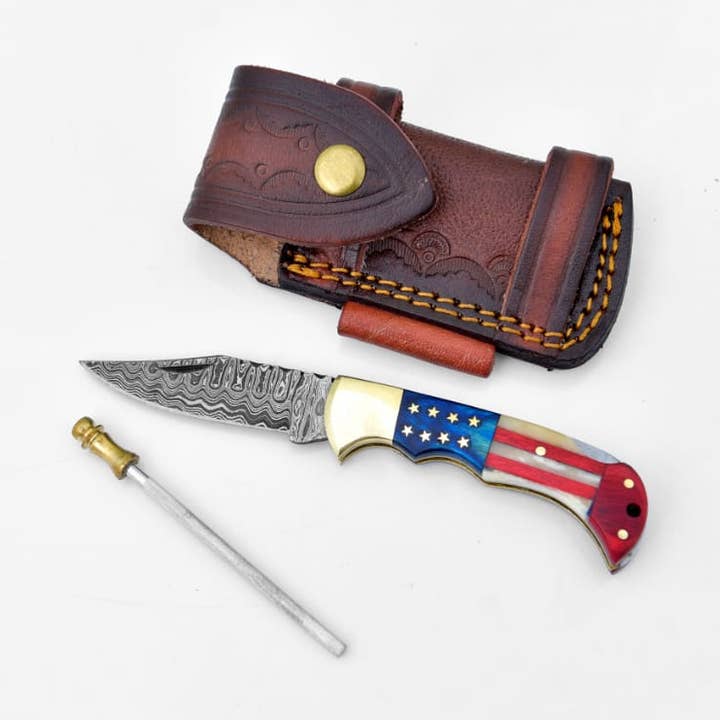 Damascus steel pocket knife Limited Run Titan Patriot TF-055 for wholesale by Titan International