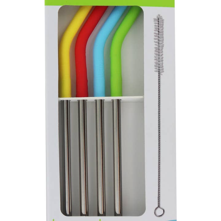 DM Merchandising - Wholesale Drinking Straw - Krumbs Kitchen 4 Pack Stainless Steel Straws + Brush Cleaner