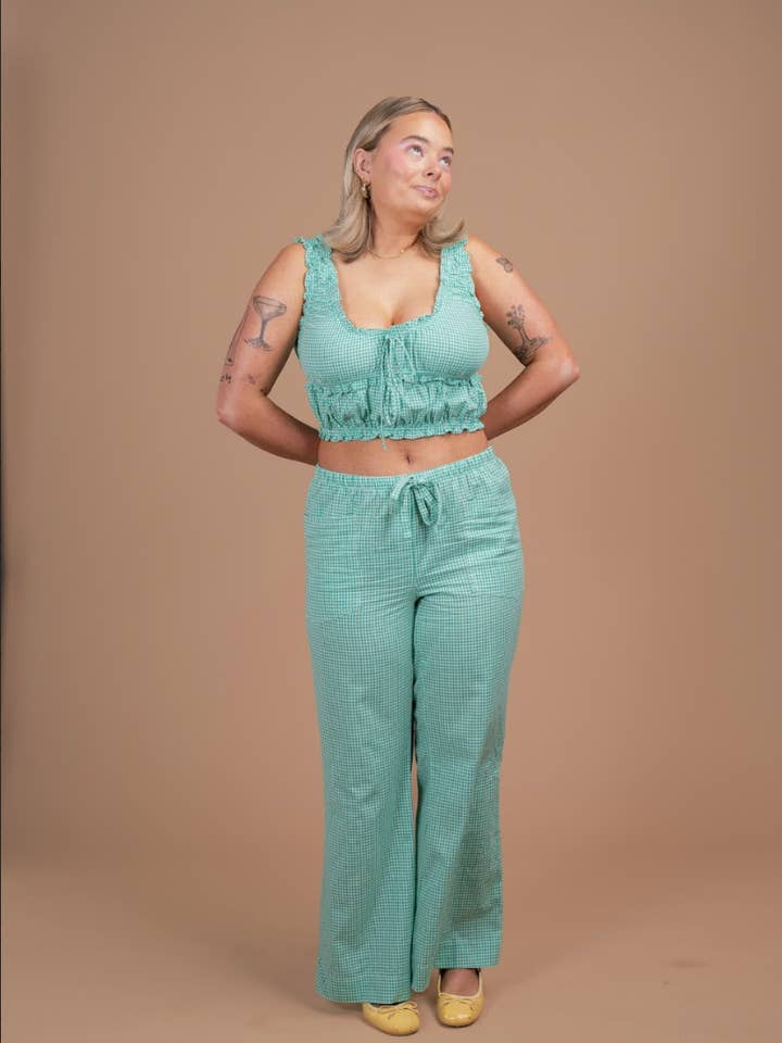 Lysa Gingham Drawstring Pant | Green for wholesale by Midnight Lunch