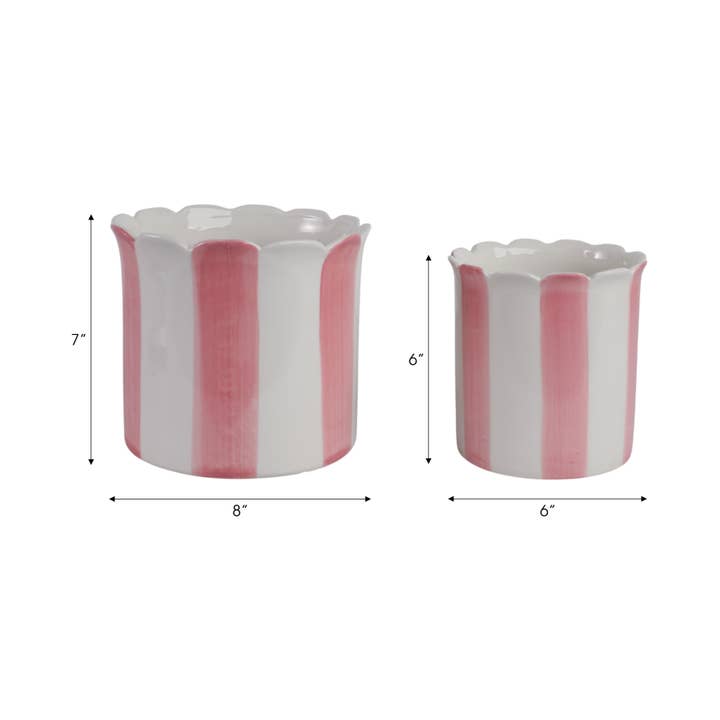 Sagebrook Home - Wholesale Plant Pot - Planters Set of 2 - Pink Ceramic Striped Scallop, 6/8 in.3