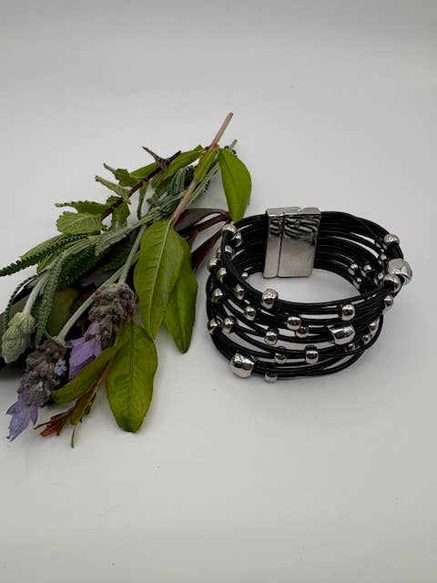 Trades by Haim Shahar - Wholesale Beaded Bracelet - Black Leather Wide Beaded Bracelet2