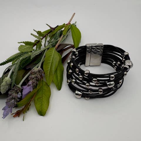 Trades by Haim Shahar - Wholesale Beaded Bracelet - Black Leather Wide Beaded Bracelet2