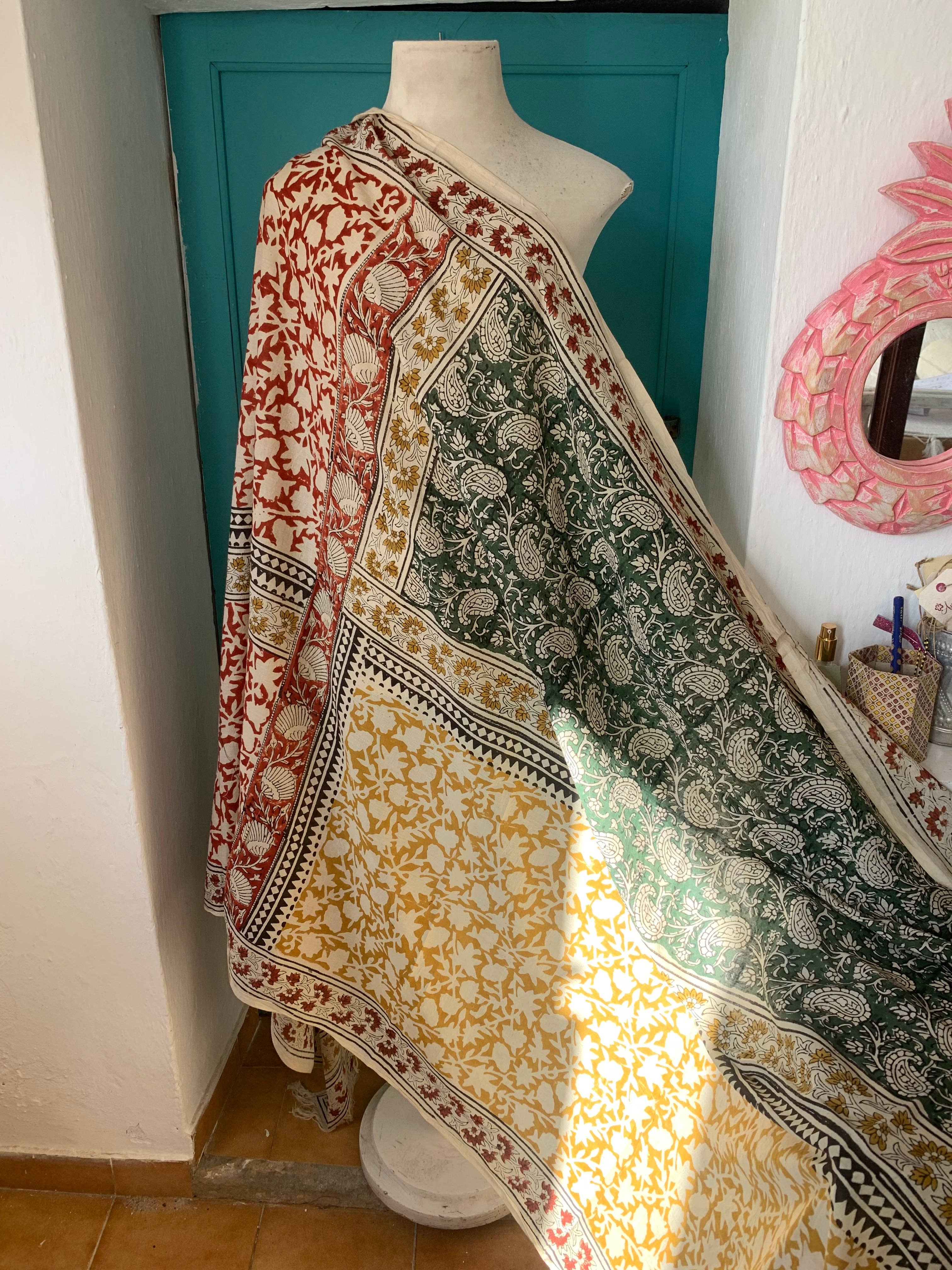 Aurobelle Ibiza – wholesale Scarf – Women's – Big size Bagru Sarong  , dupatta - Pareo  -green flower /block print cotton shawl  Red flower new collection4