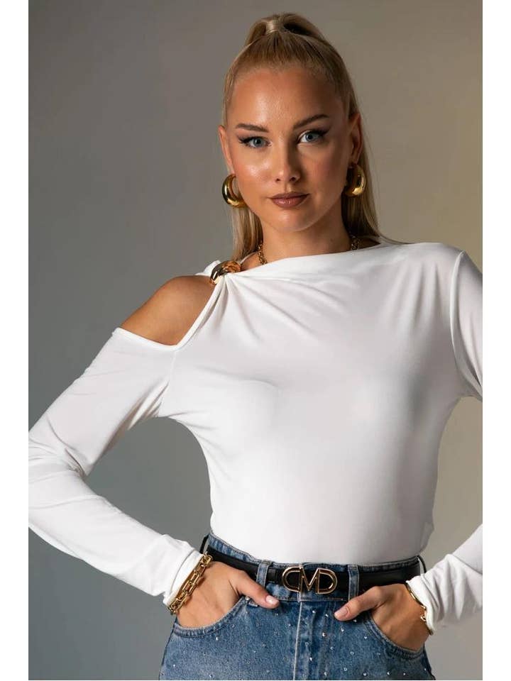 LORIANE - Wholesale T-Shirt - Women's - T10363 Asymmetric solid top with a brooch8