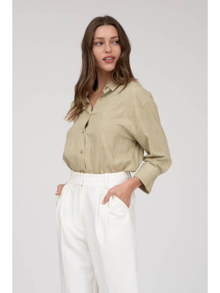 OLIVE STRIPE COLLARED BUTTON DOWN TAB SLEEVE SHIRT for wholesale on Faire
