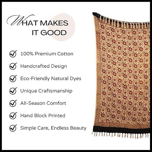 Gulab Homes - Wholesale Throw Blanket - Bagru-Siyah Block Print 100% Cotton Throw Blanket 123