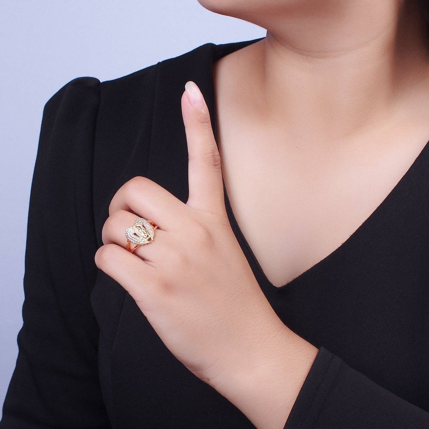 Aim Eternal - Wholesale Multi-Stone Ring - Micro Pave Gold Vintage Lady Guadalupe Ring with Angel Wing for Statement Religious Jewelry V-0493