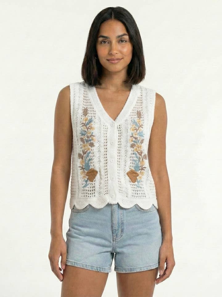 Women's Embroidered Cotton Floral Crochet Vest for wholesale by VAV NEW YORK
