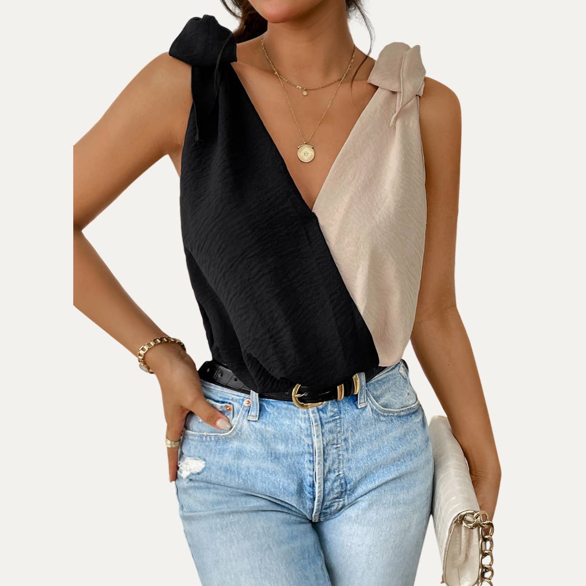 Multi Trendy Black and Apricot Color Black Tie-Strap Bodysuit for wholesale on Faire4