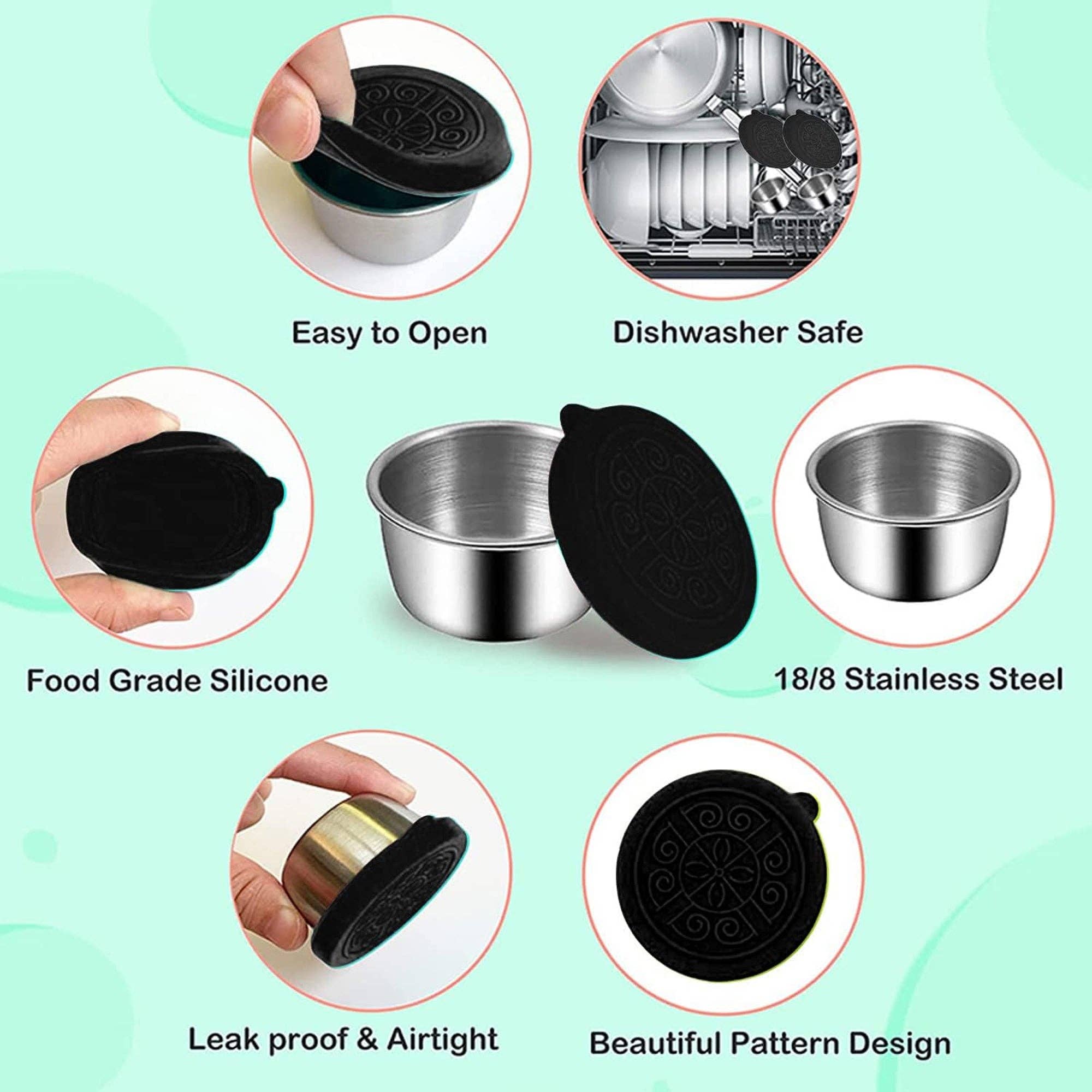 Vigor Path - Wholesale Voedselopslagcontainer - Set van 6 salade-dressingcontainers voor onderweg: kleine sauscontainers met deksels, herbruikbare roestvrijstalen sausbekers, lekvrije siliconen deksels voor bentobox, picknick en reizen (zwart - 70 ml)2