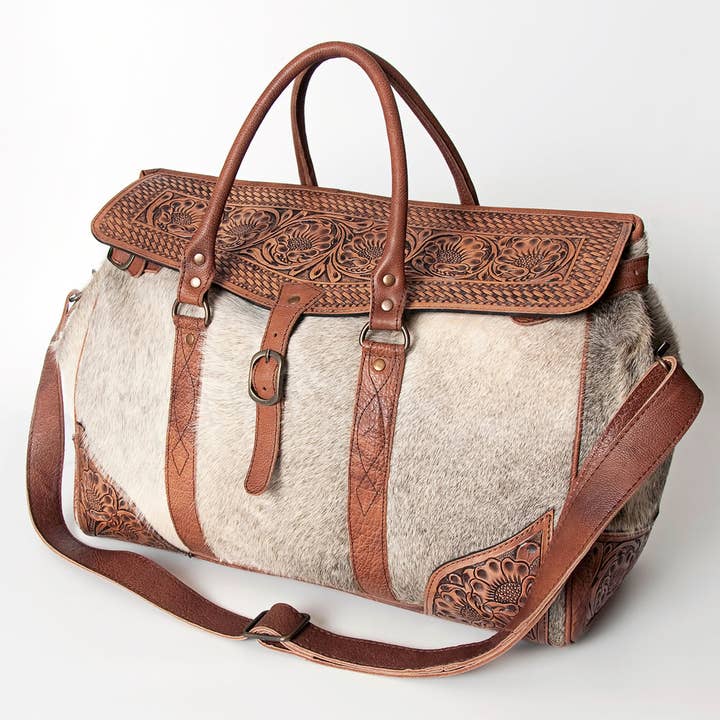 ADBG516 Large Cowhide and Tooled Leather Travel Duffle Bag Sage for wholesale by LS Western