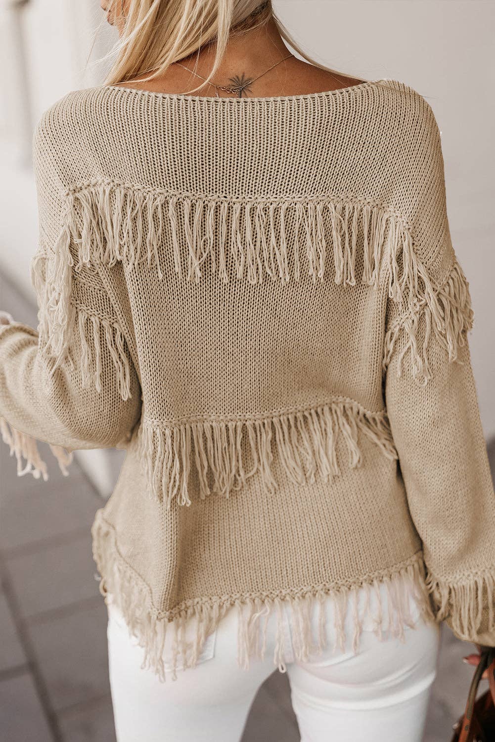 Khaki Dakota Boho Tasseled Knitted Sweater for wholesale on Faire1