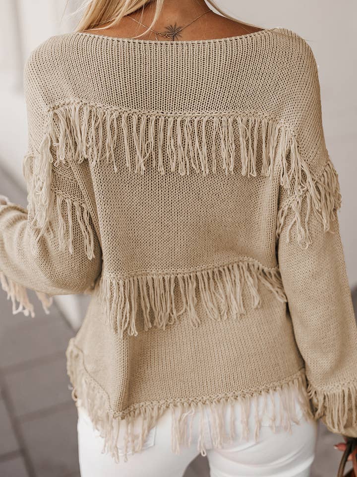 Khaki Dakota Boho Tasseled Knitted Sweater for wholesale on Faire1