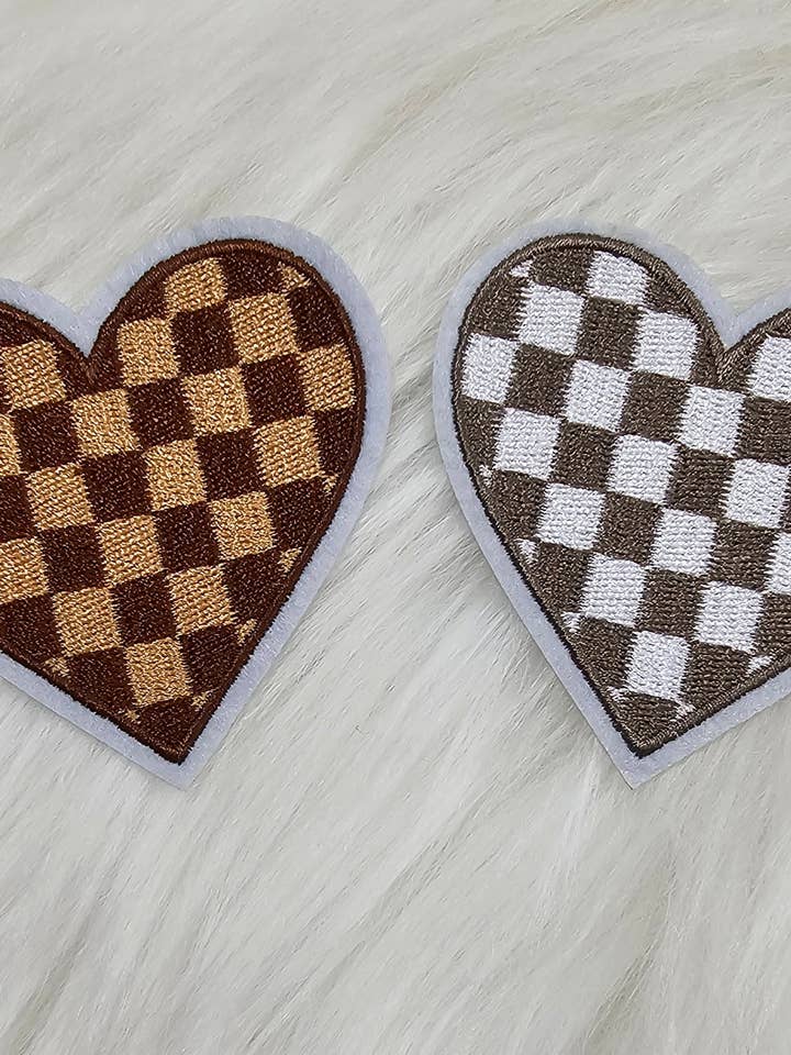 Checkered Heart Embroidery Iron On Patch for wholesale by Scratch Decor