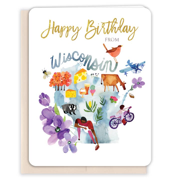 Happy Birthday From Wisconsin | State Map Greeting Card for wholesale by Paper Loop | Hand-Painted Greeting Cards