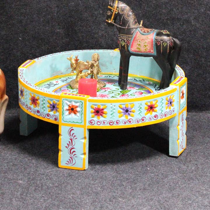 Wooden Painted Round Chakki Side Table-Indian Coffee Table for wholesale by VIRATRA ART DECOR