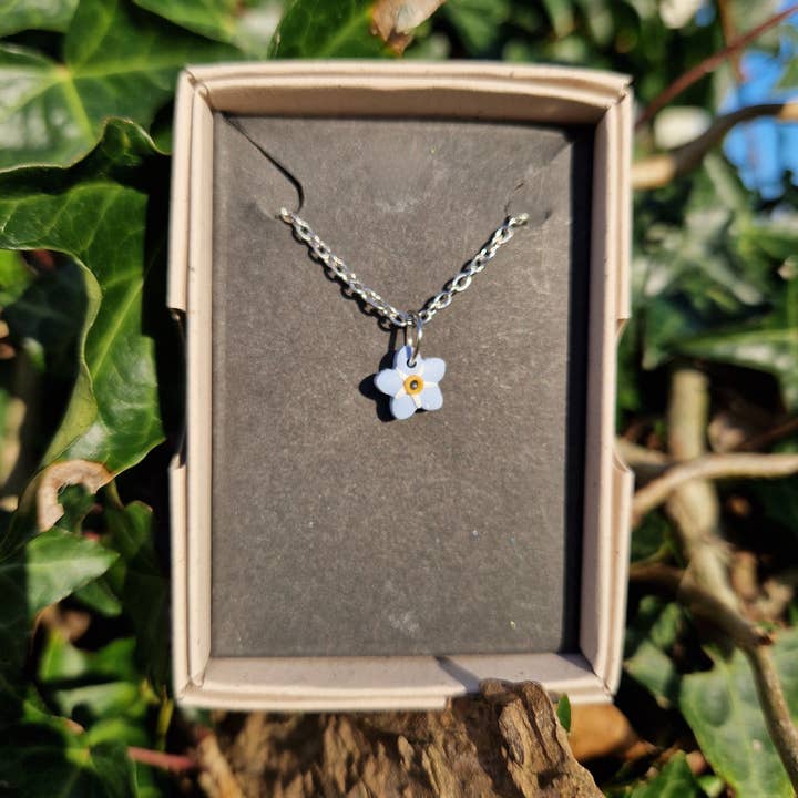 Hand Crafted Polymer Clay Forget-me-not Spring 20" Necklace for wholesale by Green Grove Designs
