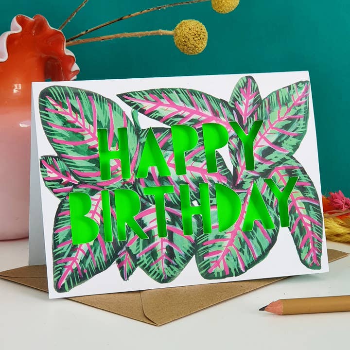 Stripy Prayer Plant Paper Cut Birthday Card for wholesale by Miss Bespoke Papercuts