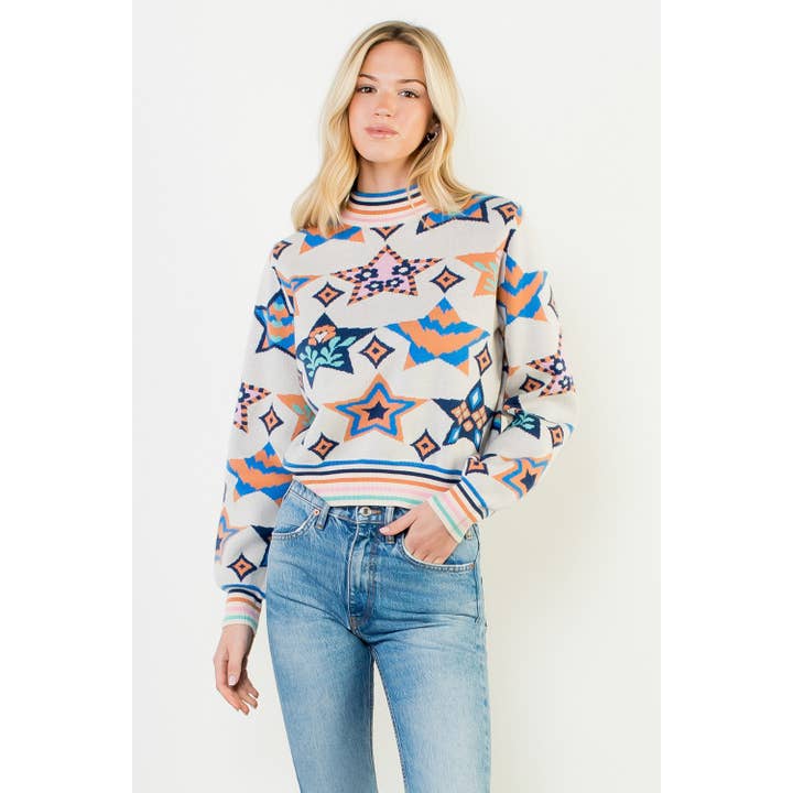 Geometric Star Mock Neck Knit Sweater for wholesale by THML