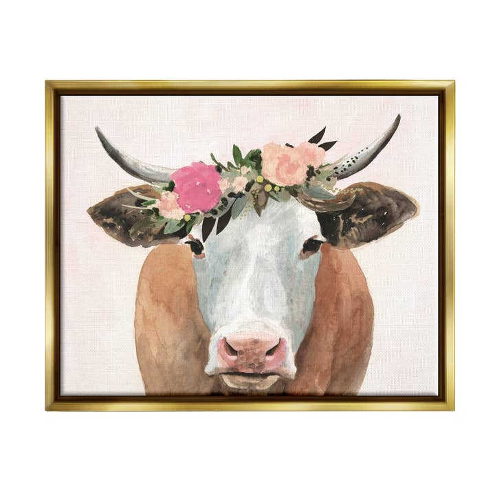 Stupell Industries – wholesale Konsttryck – Springtime blomma krona gård ko med horn flytande inramade