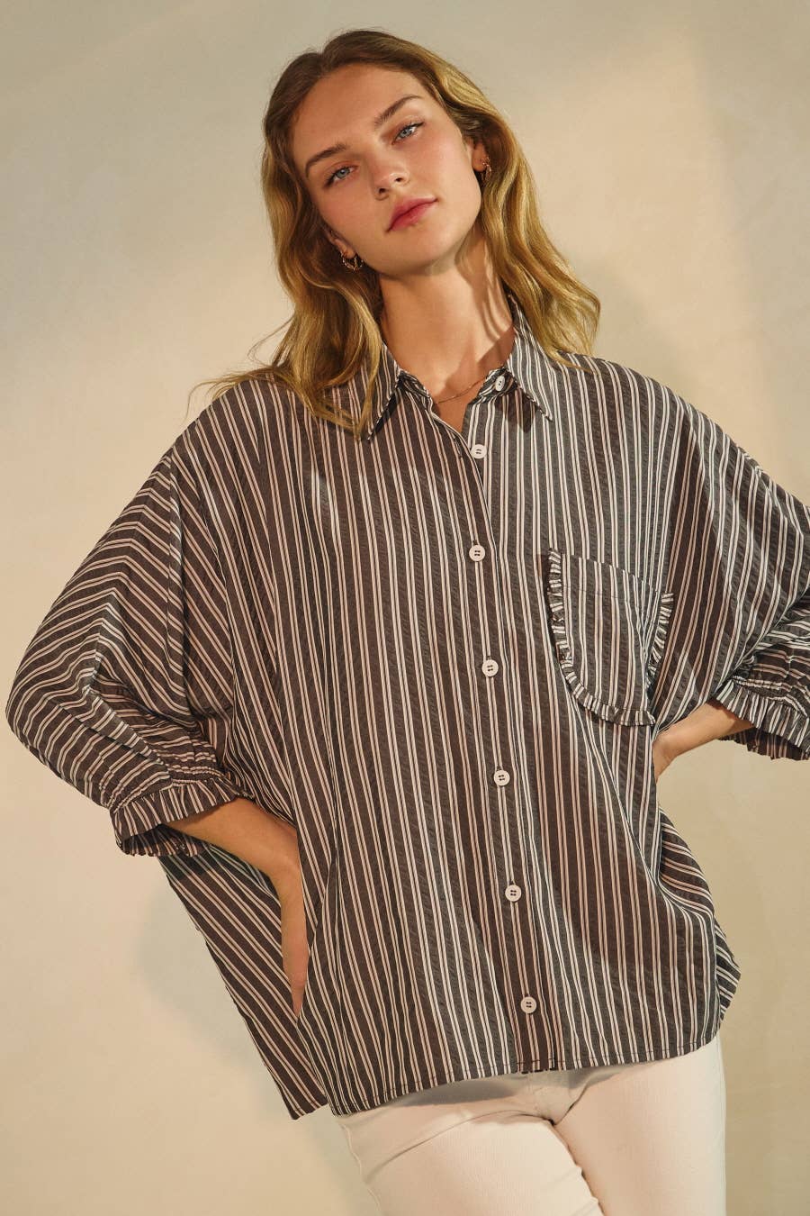 Oddi - Wholesale Shirt - Women's - Plus Striped Button Down Oversized Shirts3