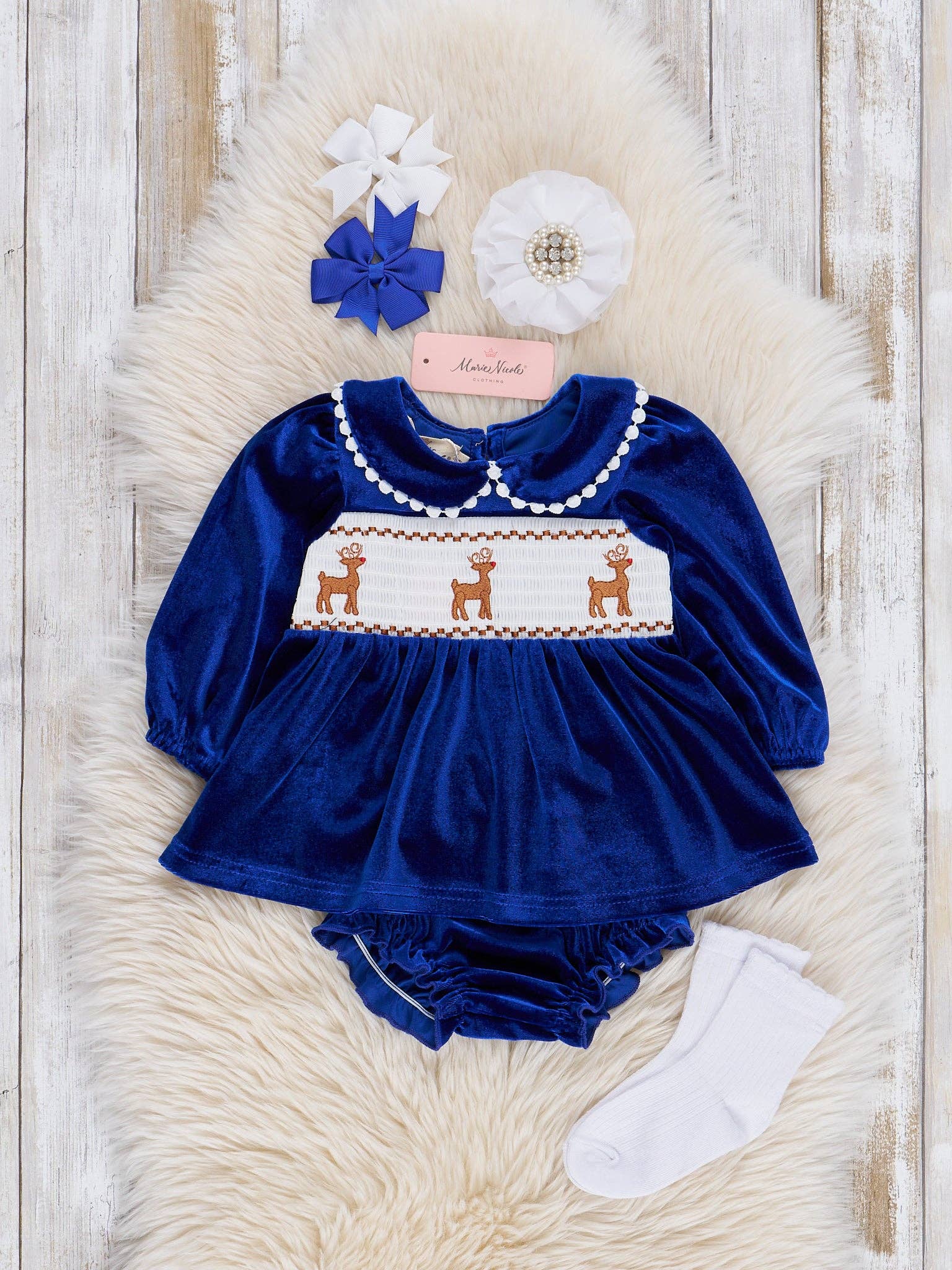Marie Nicole Clothing - Wholesale Clothing Set - Baby - Royal Blue Smocked Reindeer Velvet Bloomers Outfit0