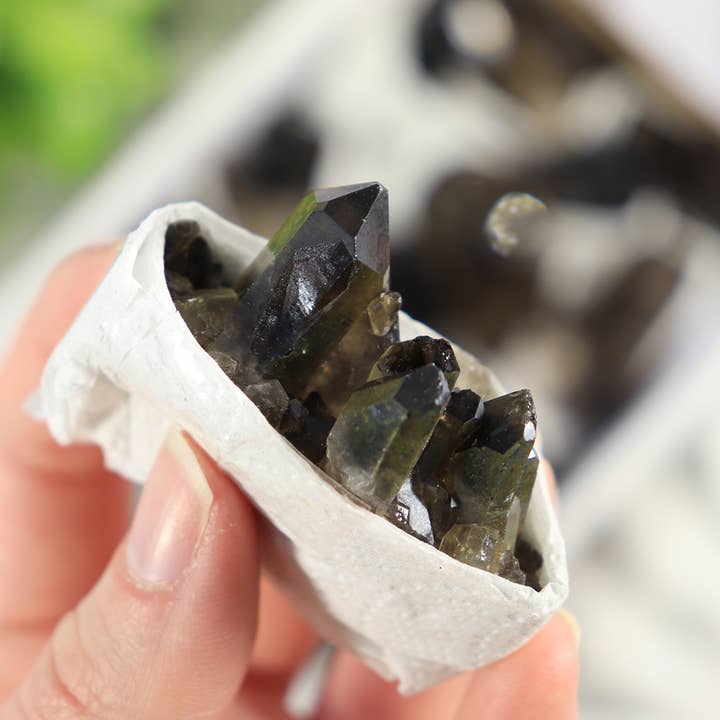 Natures Artifacts Inc - Wholesale Retailer Display - Beauty & Wellness - Smoky Quartz Clusters in a Flat (Small)4