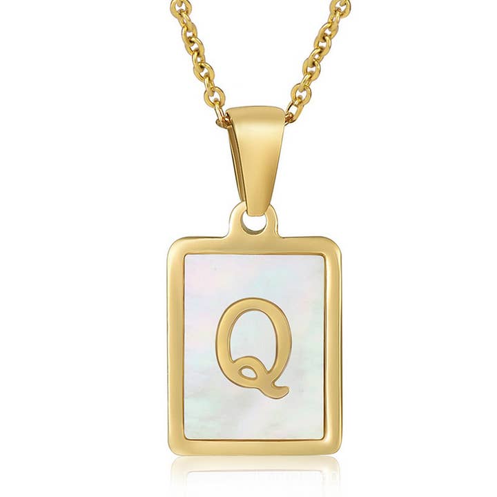 NINEXIS - Wholesale Pendant/Charm Necklace - CWAJE1917_Square Stainless Steel White Shell Letter Necklace17