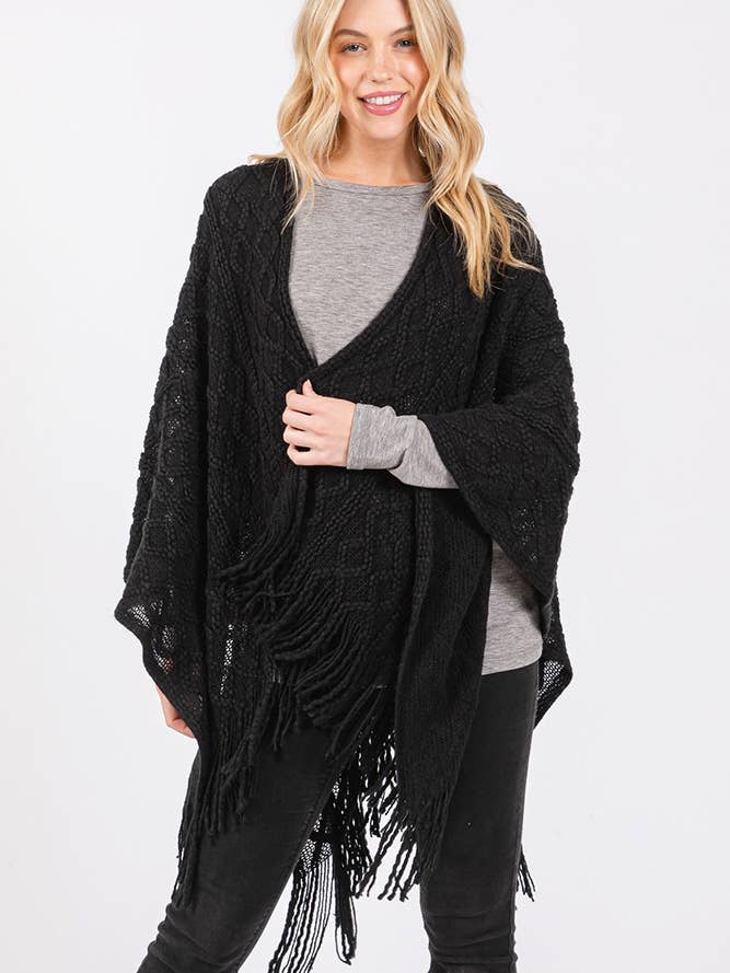 Hana – wholesale Cardigan – Women’s – Diamond Pattern Tassel Knit Ruana Winter Cardigan9