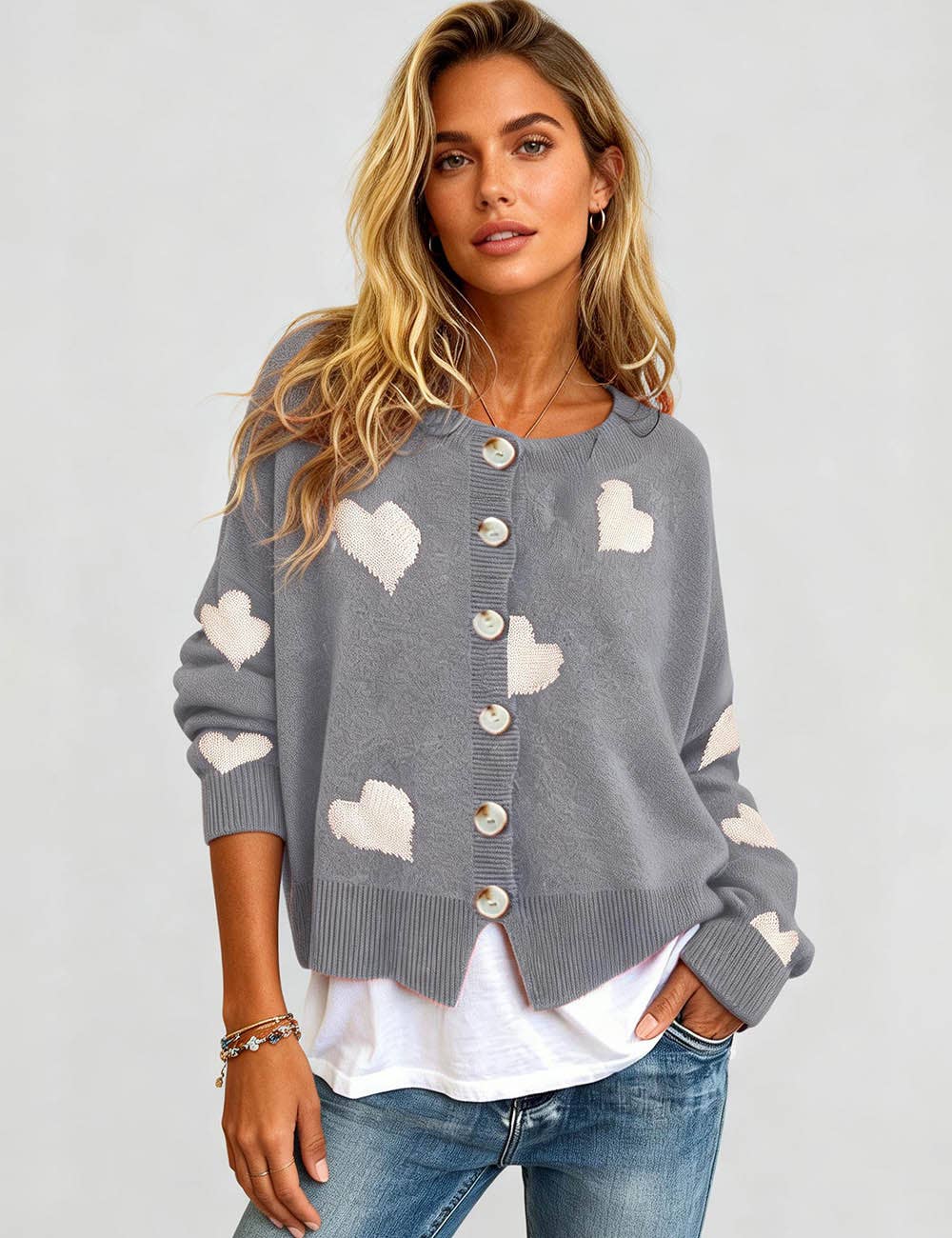 Sweetkama – Cardigan - Mulher por atacado – Cardigan feminino com coração e botões, gola redonda, modelo 236813