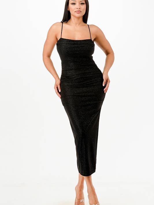 A20022-Glitter Draperet Hals Midi Kjole (Kopi) for engroshandel hos April Moon