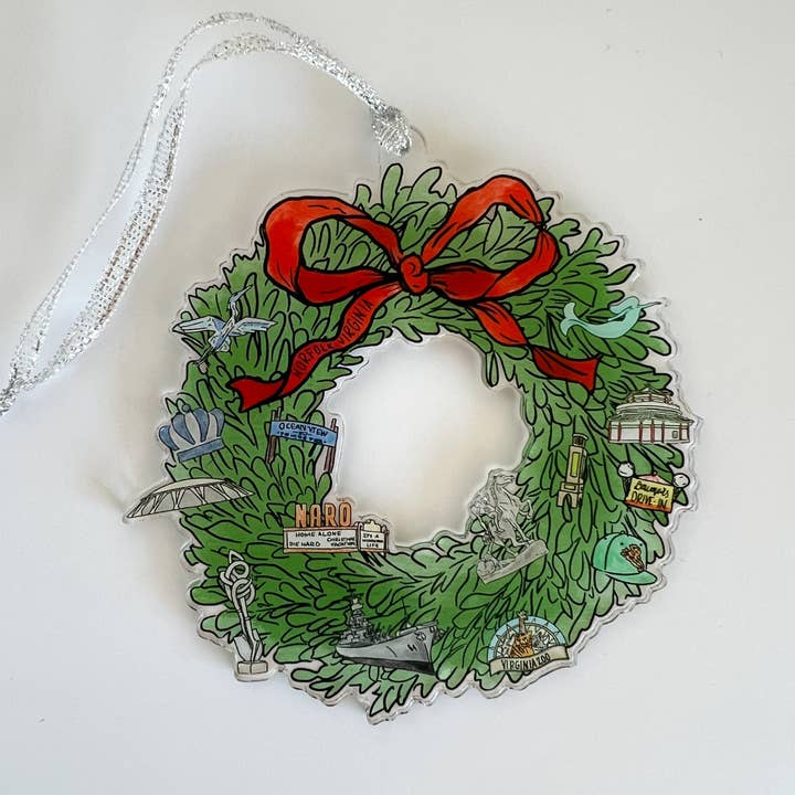 Thirteenwinks – wholesale Ornament – Norfolk, Virginia VA Christmas Wreath Acrylic Ornament 4in1
