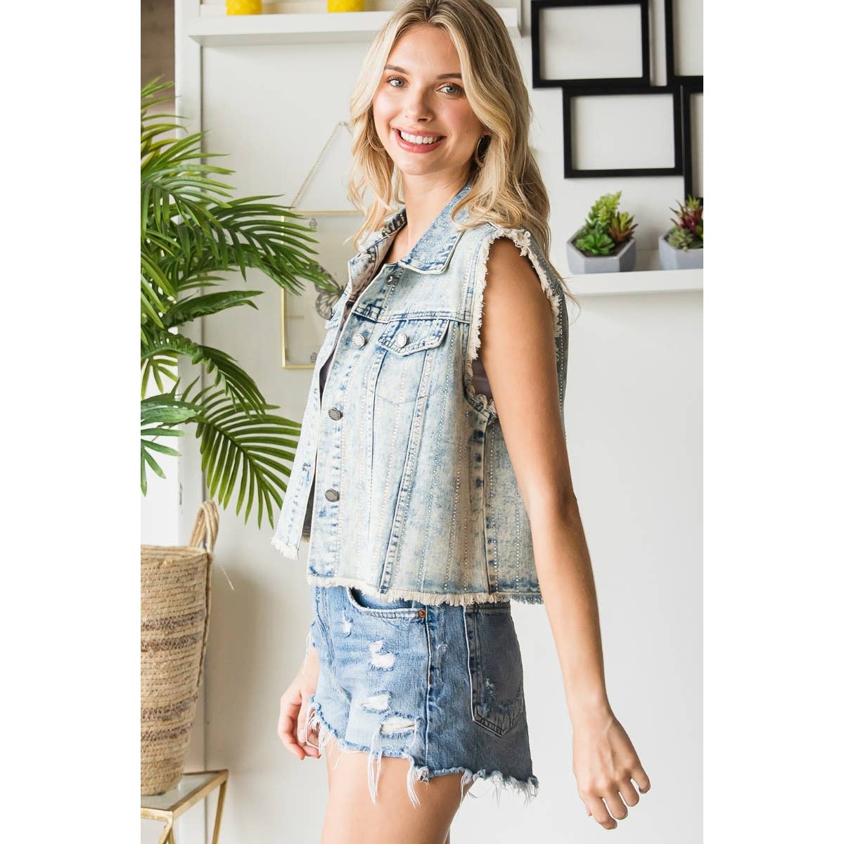 LT Wash Rhinestone Color Denim Vest for wholesale on Faire8