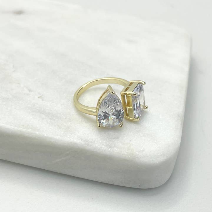 Luxus Accessories - Wholesale Multi-Stone Ring - 18k Gold Filled White Cubic Zirconia Adjustable Square & Drop Ring1