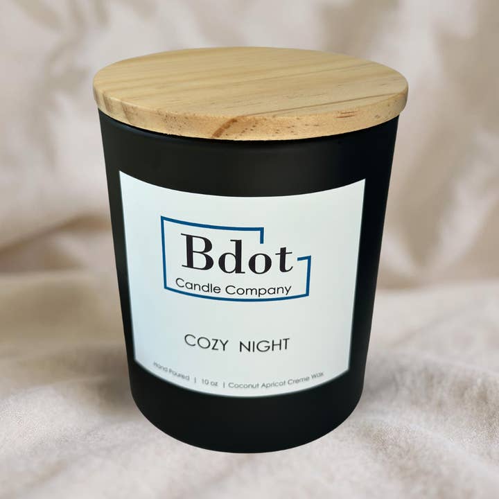 Cozy Night - 10 oz. Black Matte Glass Coconut Wax Candle for wholesale by B Dot Candle Company