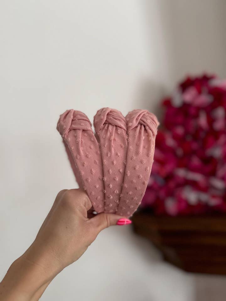 Pink Swiss Dot Top Knot Knotted Hard Headband for wholesale by Brynnbands