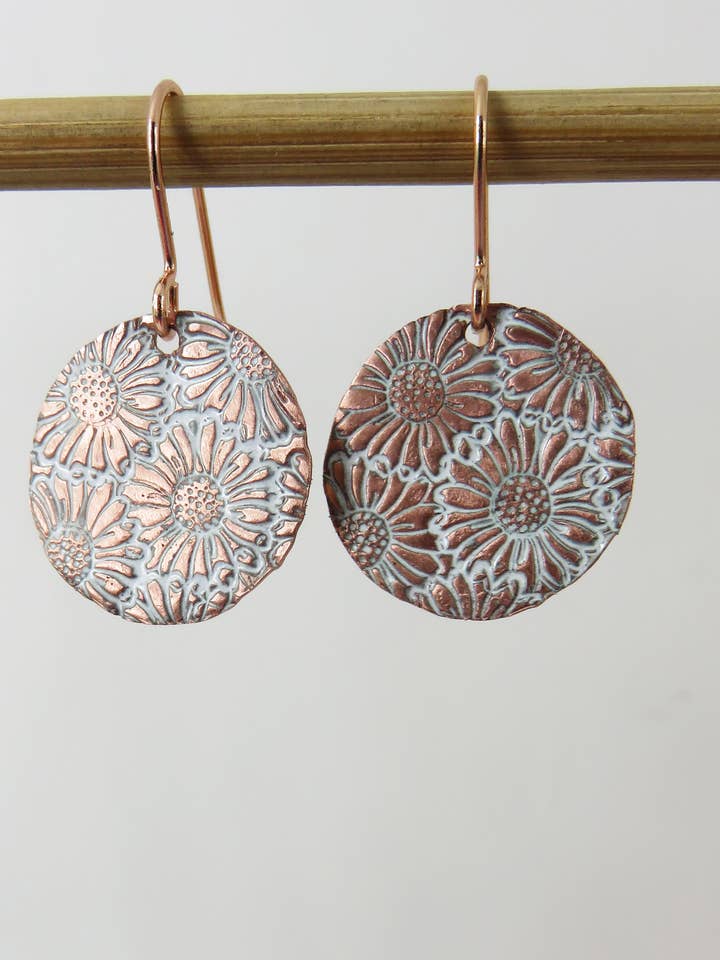 Enamel and Daisy Textured Copper Dangle Earrings for wholesale by 830 Degrees