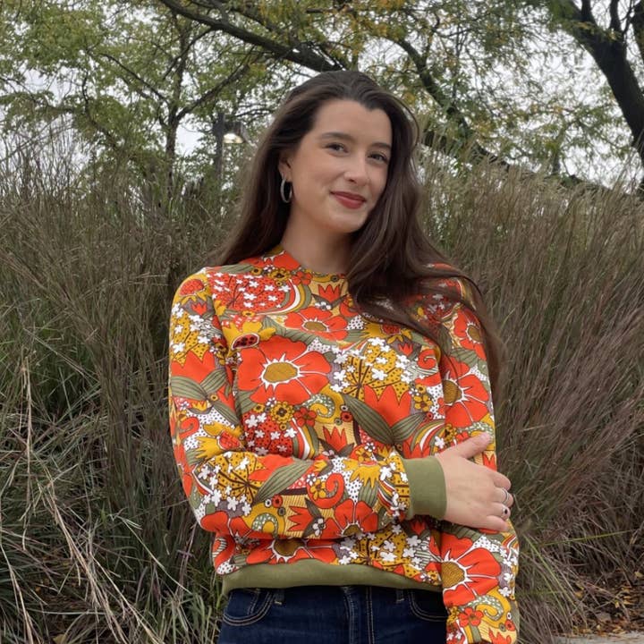 Groovy Floral Pullover in Orange & Olive for wholesale by Blue Platypus