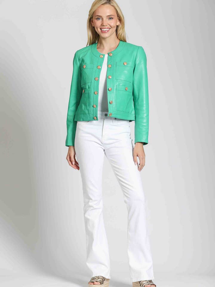 11Uptown – wholesale Leather jacket – Women′s – Lamb Leather Jacket With Gold Buttons