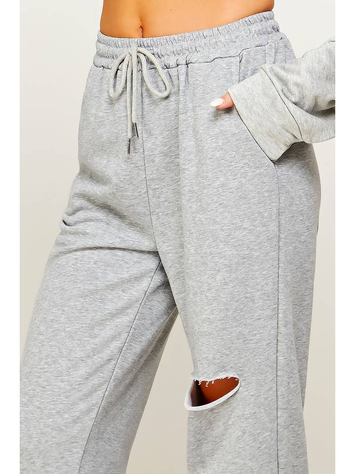 Sweet Generis - Wholesale Athletic sweatpants/jogging bottoms – Women's - RAW CUT WIDE LEG JOGGER SWEATPANTS WITH KNEE RIP20