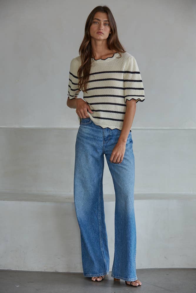 Cream Black W2373T | Knit Sweater Cotton Acrylic Crochet Striped Top  for wholesale on Faire1